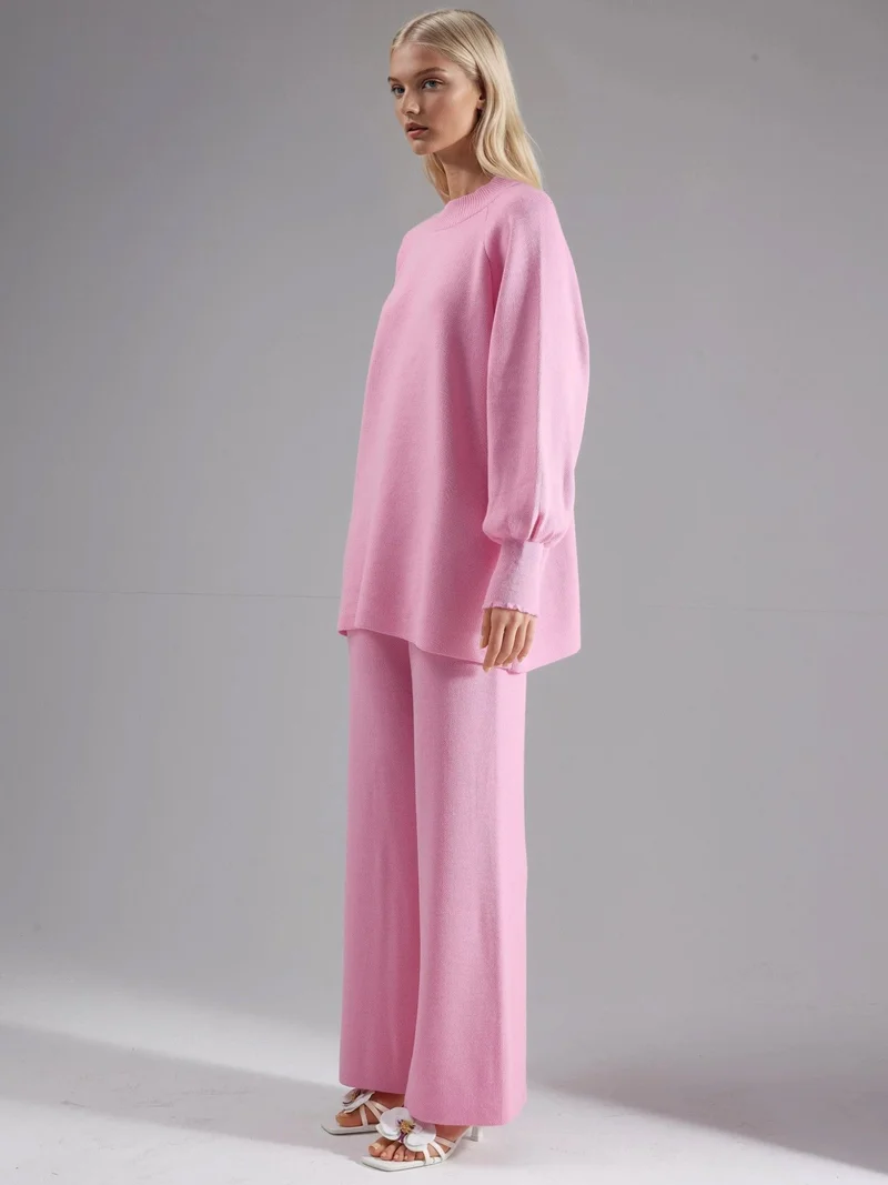 MY FASHION Powder Pink MY FASHION Loose Fit Sweater & Pants Knit Co-ord Set for Women | Best Price UAE